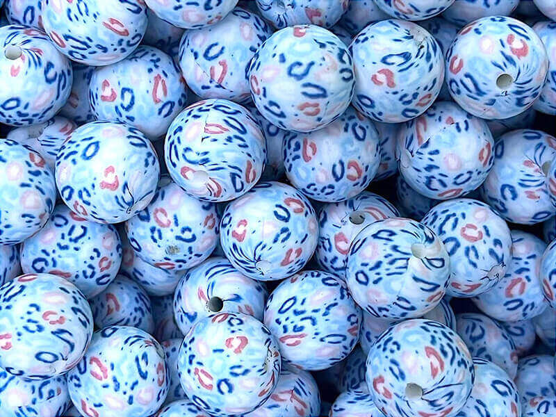 15mm Silicone Beads Light Blue Leopard Chunky Print 50pcs