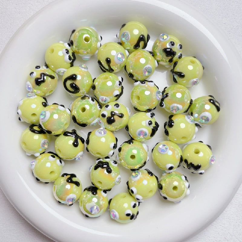 Hand Painted Rhinestone Flower Acrylic Round Beads 16mm 5pcs 11