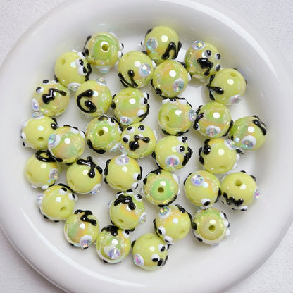 Hand Painted Rhinestone Flower Acrylic Round Beads 16mm 5pcs 11