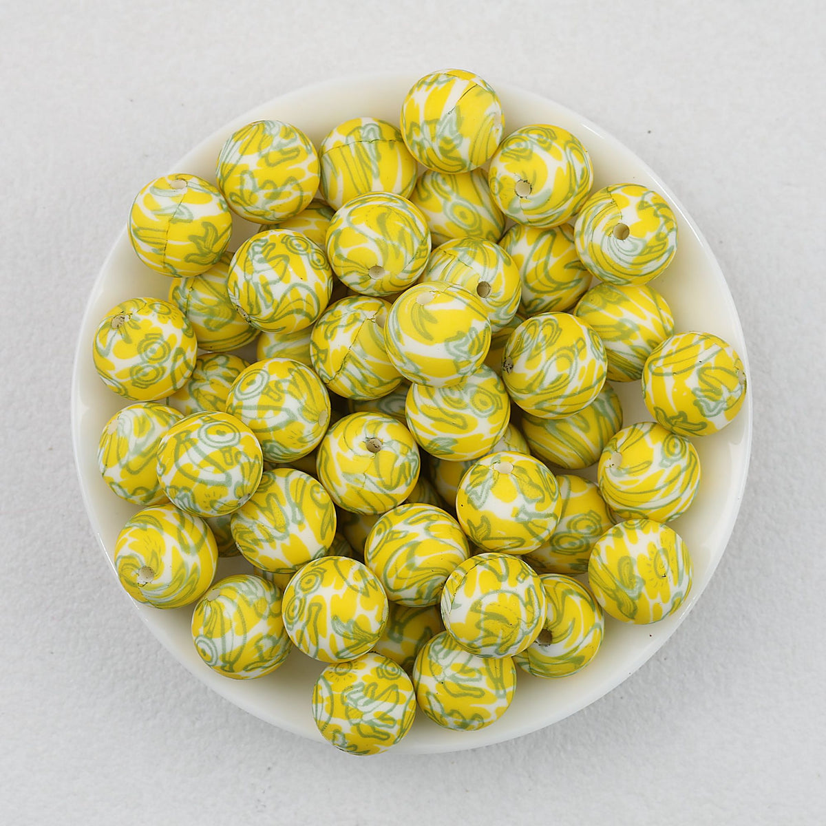 15mm Floral Pattern Print Round Silicone Beads Dark Base 50pcs - Banana