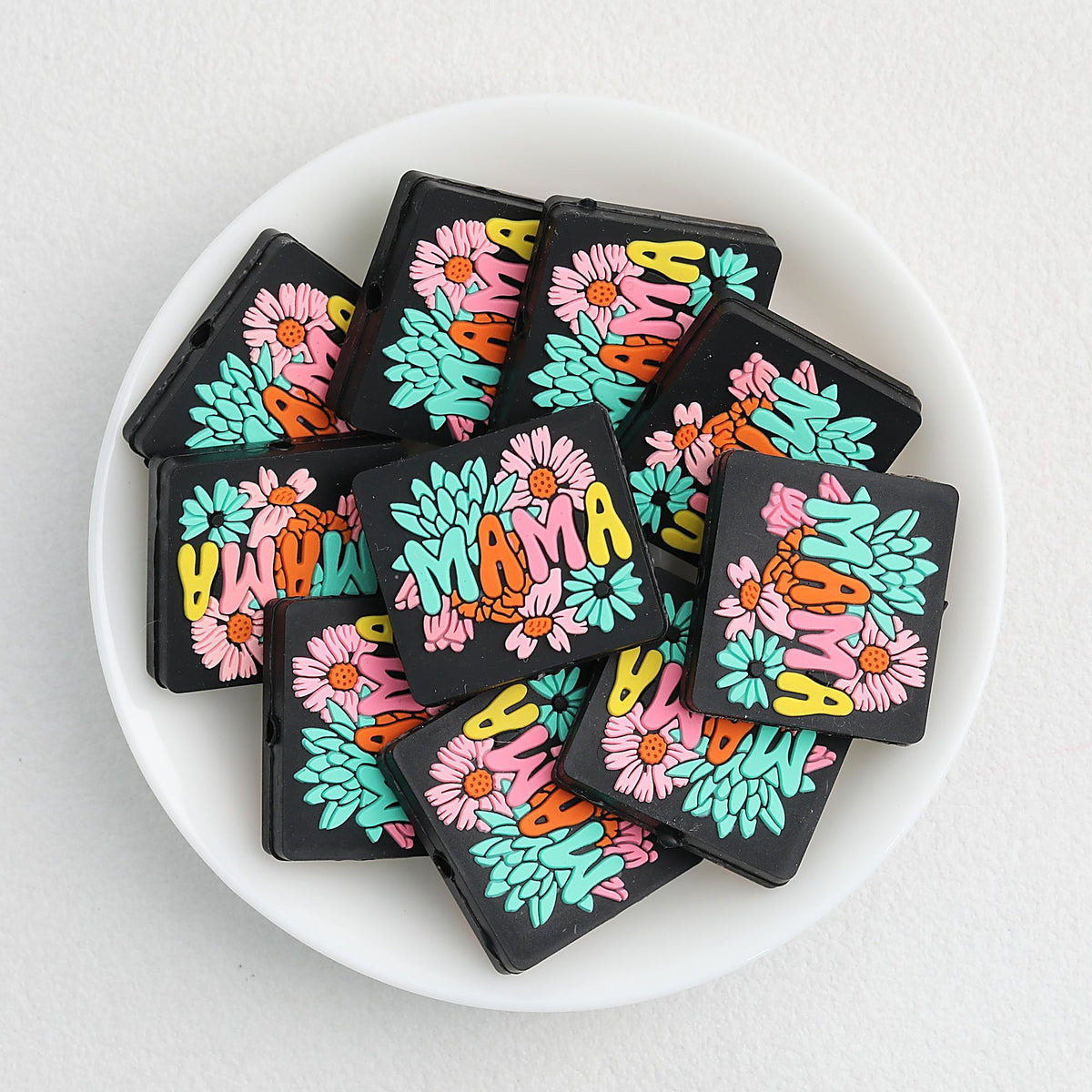 Silicone Focal Beads Flower MAMA Square Colorful Text 20pcs