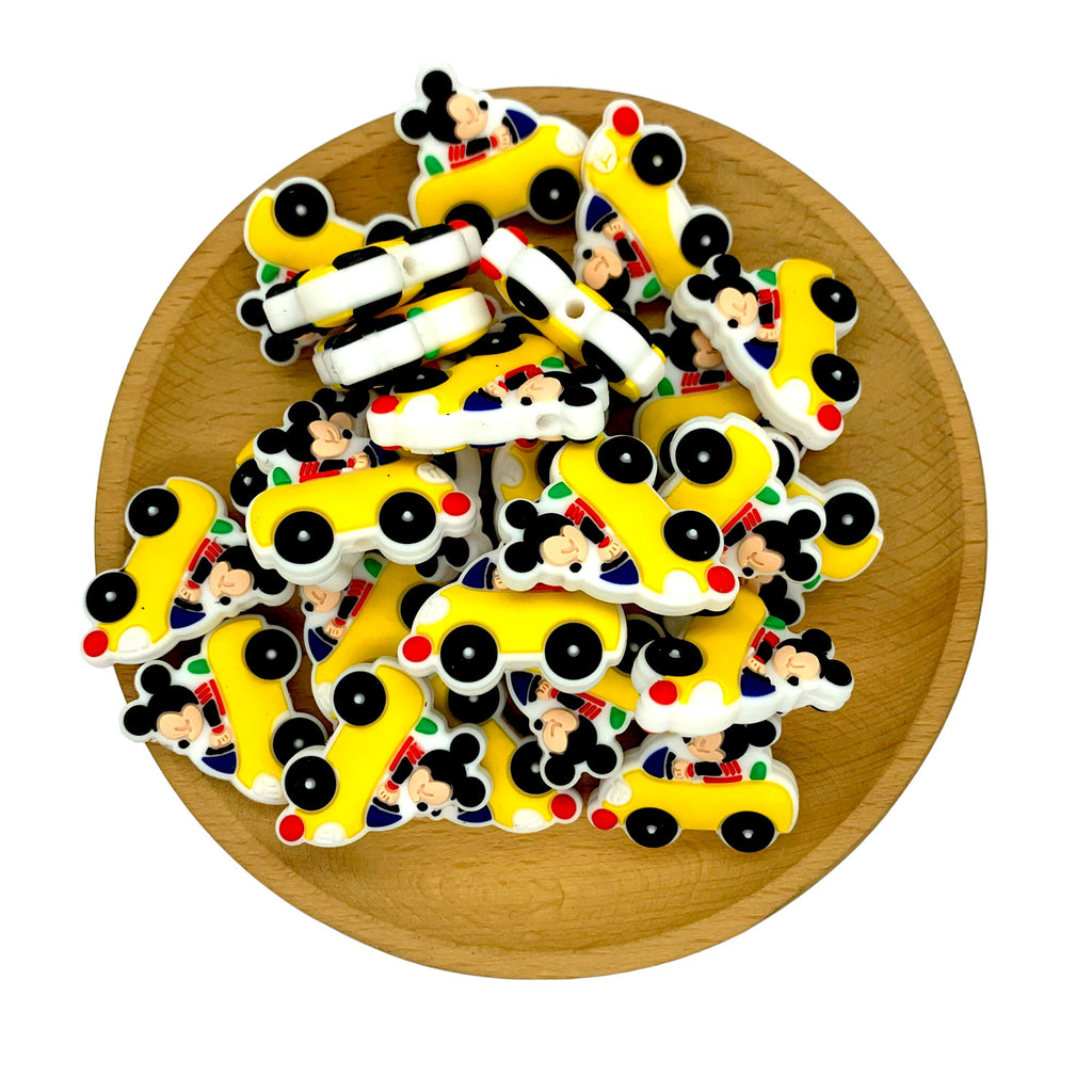 Silicone Focal Beads Mickey Mouse Riding Yellow Car 20pcs 2