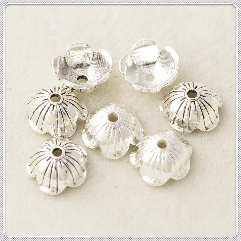 Alloy Five-Petal Bead Caps 12mm Chubby Bright Silver 100pcs
