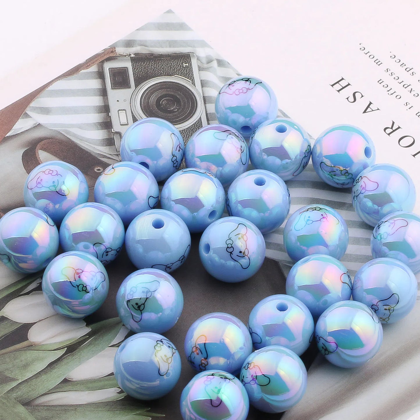 UV Plating Round Acrylic Beads 16mm Cartoon Printed 20pcs 6