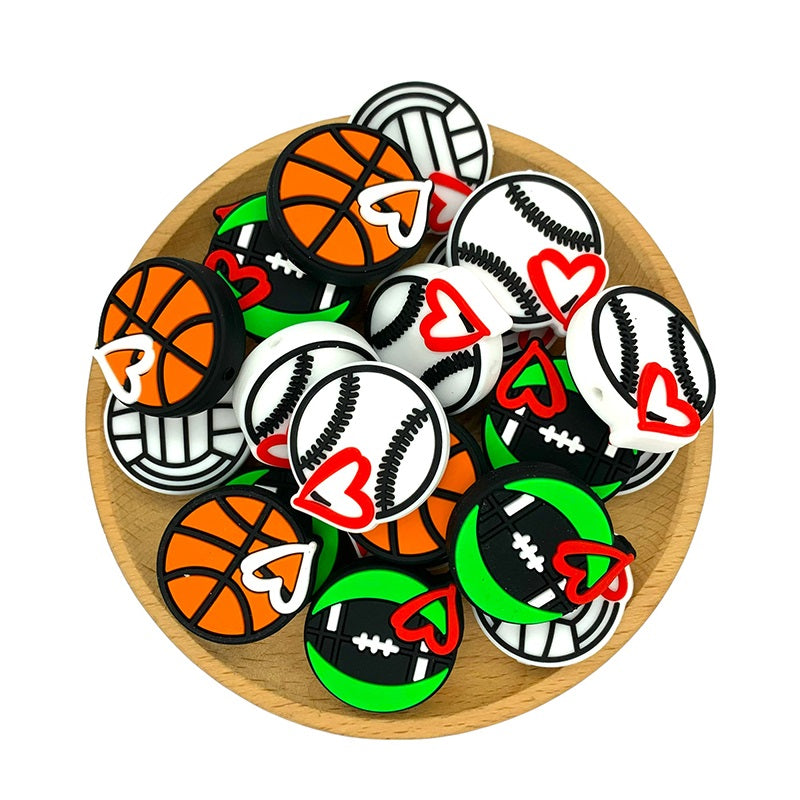 Silicone Focal Beads Balls Basketball Baseball Volleyball Rugby Heart 20pcs 2