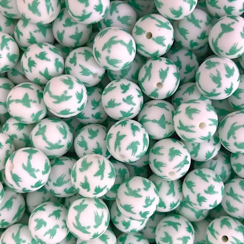 15mm Silicone Beads Blue Green Bird Print Animal Theme 50pcs