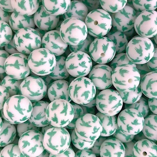 15mm Silicone Beads Blue Green Bird Print Animal Theme 50pcs