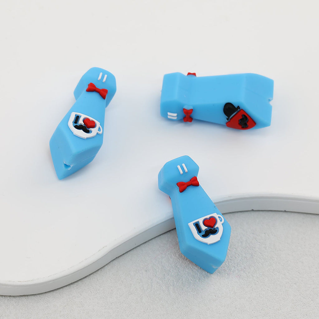 3D Father's Day Blue Tie Silicone Focal Beads with Red Bow Tie 20pcs