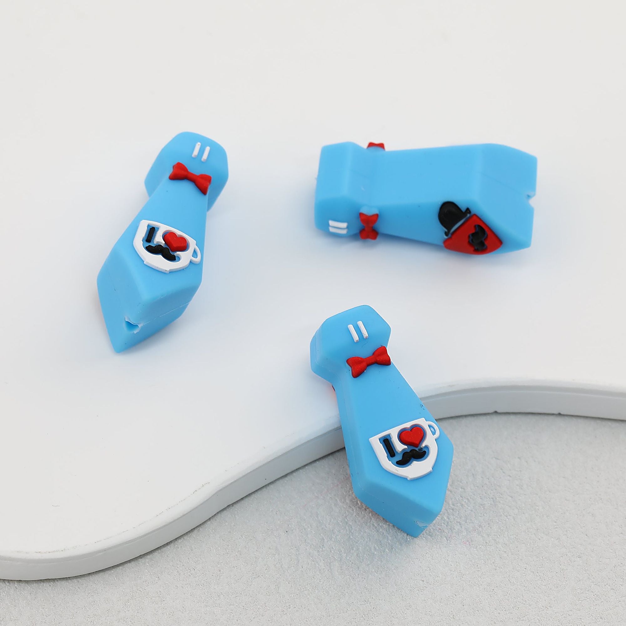 3D Father's Day Blue Tie Silicone Focal Beads with Red Bow Tie 20pcs