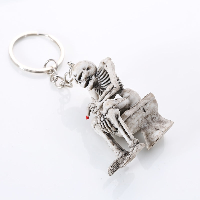 Rubber Halloween Skull Keychain Creative Skeleton on Throne Grey 6