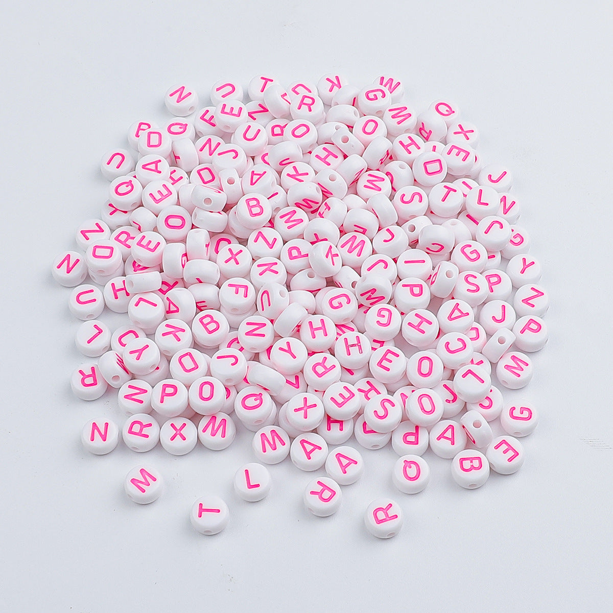 White Acrylic Letter Beads Bulk, Flat Hot Pink Alphabet Design, 7mm 300pcs