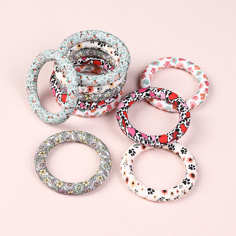 65mm Printed Silicone Beads Round Rings Floral Animal Spots Prints 2
