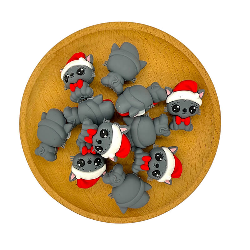 Silicone 3D Focal Beads Cat Red Bow Santa Hat 20pcs 2