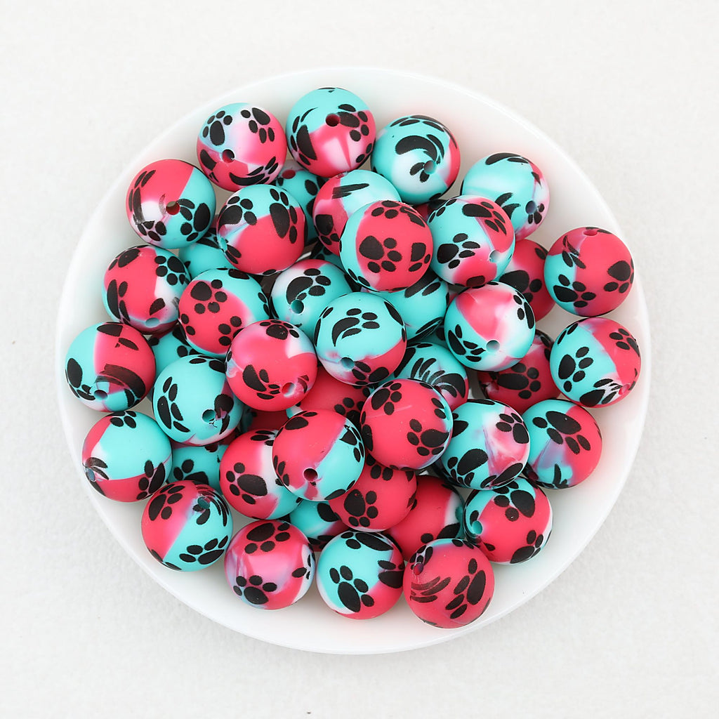 15mm Printed Dog Paw Pattern Silicone Beads 50pcs - Red Blue
