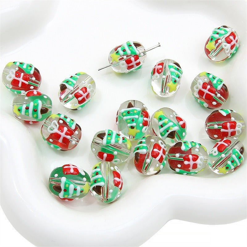 Hand Drawn Christmas Glass Beads 14mmx16mm Holiday Focal Beads 6