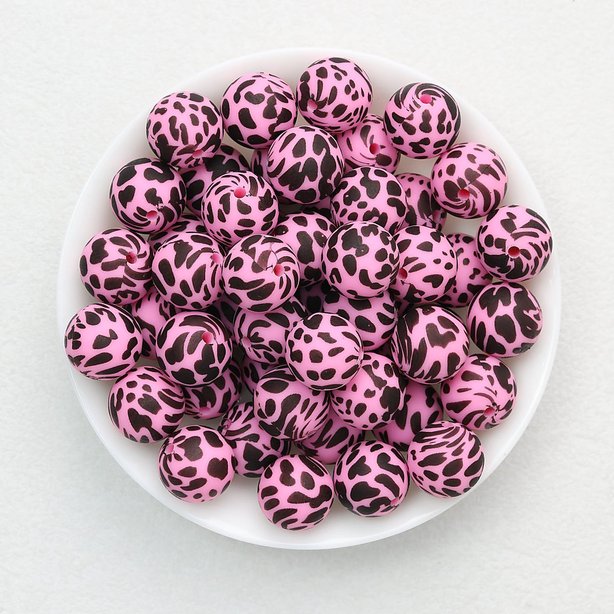 15mm Leopard Pattern Silicone Round Beads 50pcs - Black Leopard Pink Base
