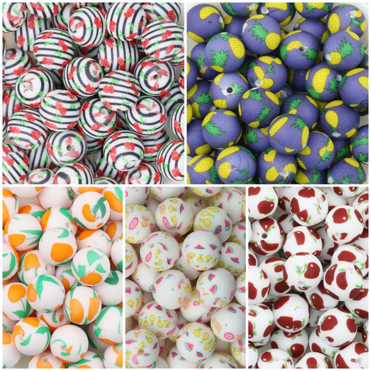 15mm Fruit Pattern Printed Silicone Round Beads 50pcs