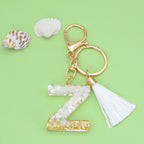 Tassel Letter A Keychain Resin Gold Flakes White Tassel 29