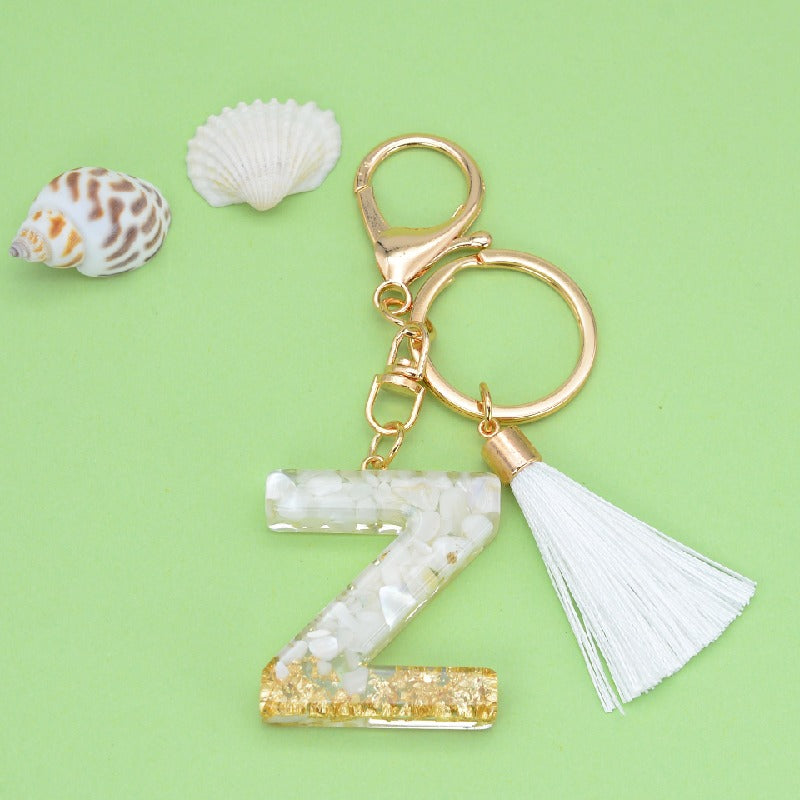 Tassel Letter A Keychain Resin Gold Flakes White Tassel 29