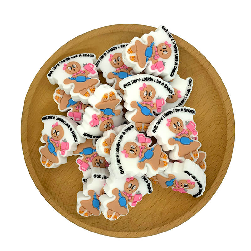 Silicone Focal Beads Gingerbread Girl Holding Pink Cup with Pink Bow 2