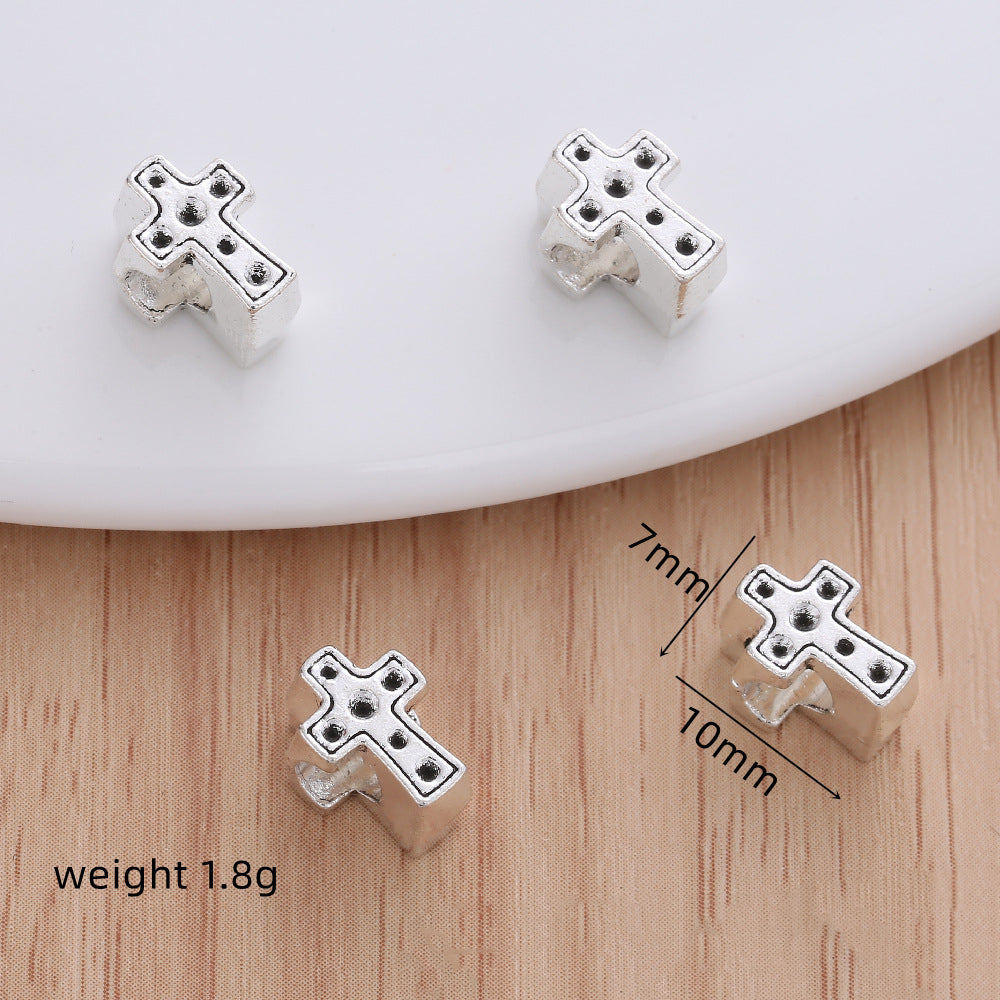 Cross Metal Beads 10mm Polka Dotted Large Hole Vintage Silver Tone 50pcs 3