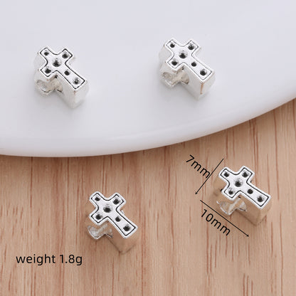 Cross Metal Beads 10mm Polka Dotted Large Hole Vintage Silver Tone 50pcs 3