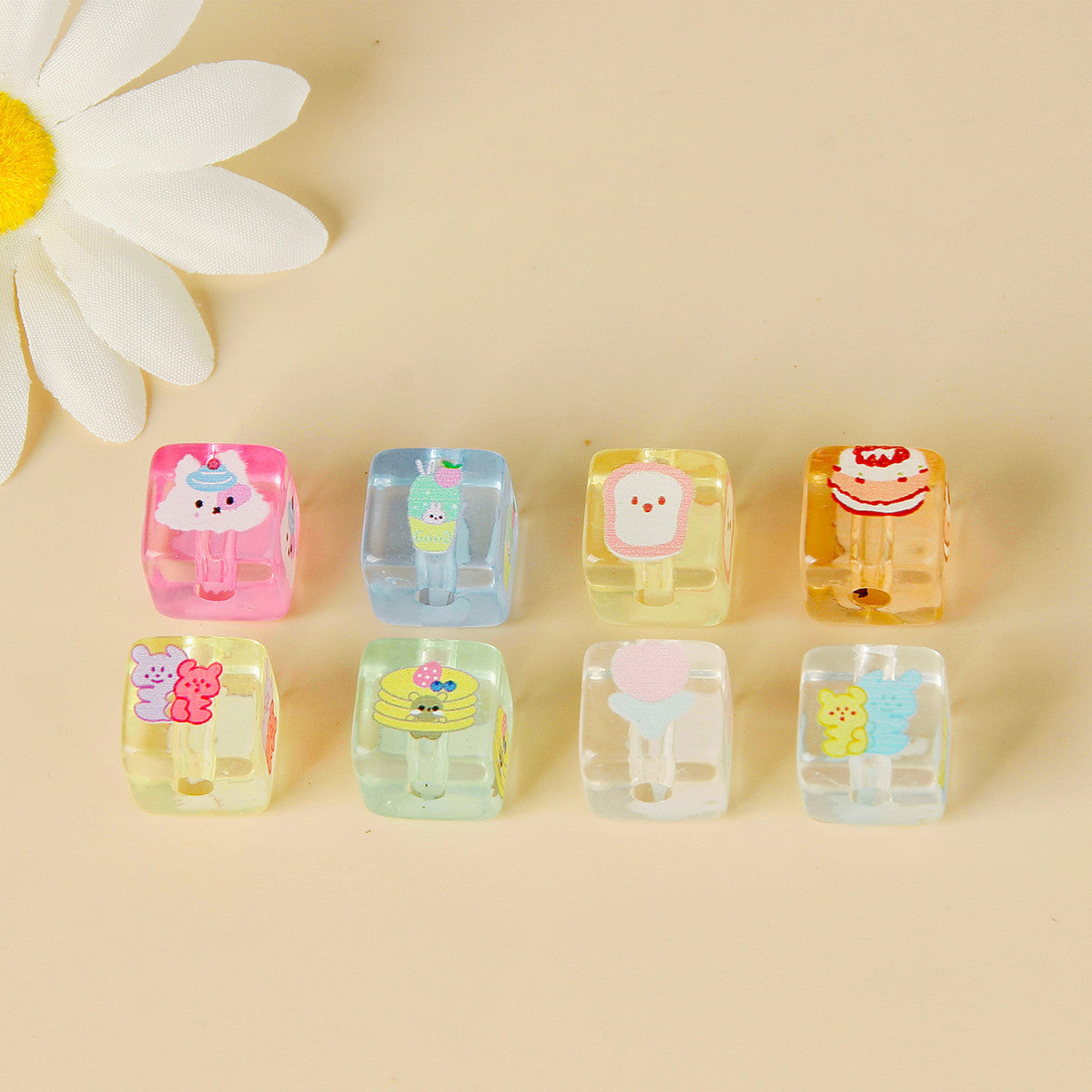 Cream Cartoon Printed Square Acrylic Beads 14mm 20pcs 6