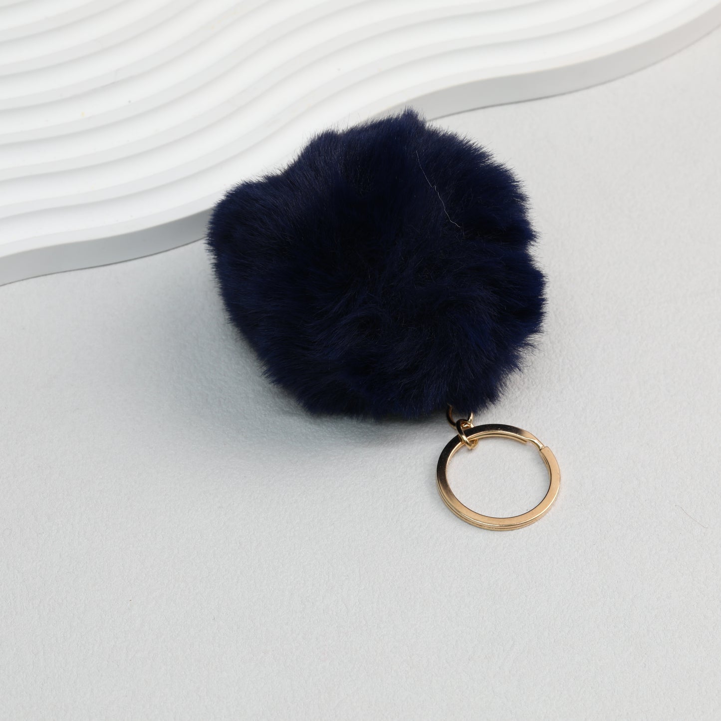 Pom Pom Keychain Plush Violet Faux Fur Ball Gold Ring 8cm