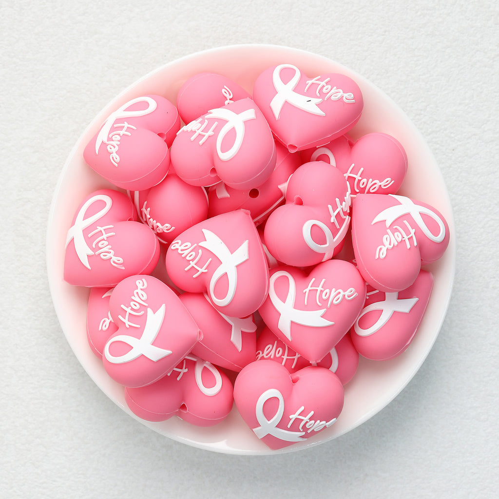 3D Pink Heart Ribbon Silicone Focal Beads 20Pcs  2