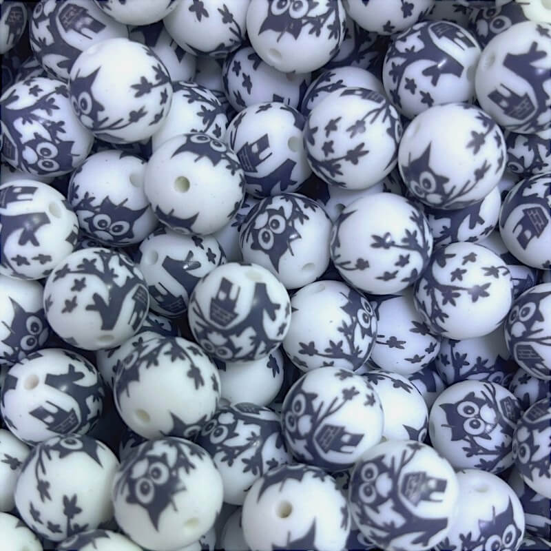 15mm Silicone Beads Black Owl Print Animal Theme 50pcs