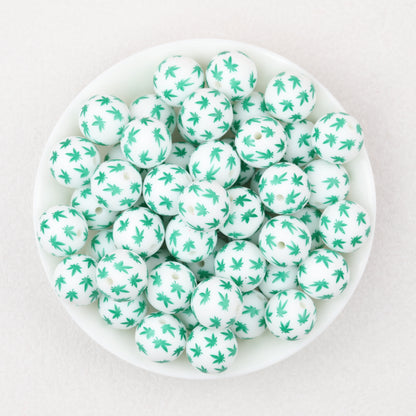 15mm Printed Leaf Pattern Silicone Round Beads 50pcs 5