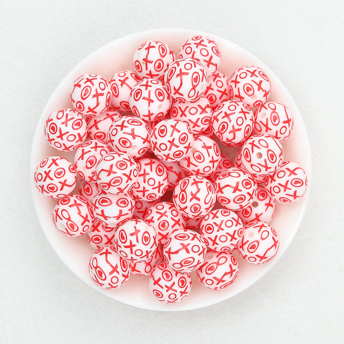 Valentine Theme 15mm Silicone Beads Printed Pattern 50pcs - White XOXO