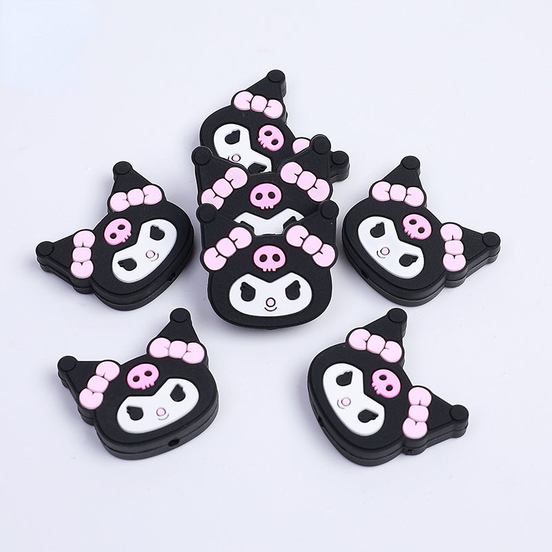 Silicone Focal Beads Kulomi Kitty Black Kitty Face with Pink Skull Bow 10pcs