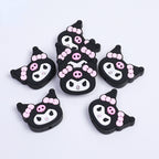 Silicone Focal Beads Kulomi Kitty Black Kitty Face with Pink Skull Bow 10pcs
