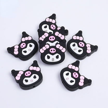 Silicone Focal Beads Kulomi Kitty Black Kitty Face with Pink Skull Bow 10pcs