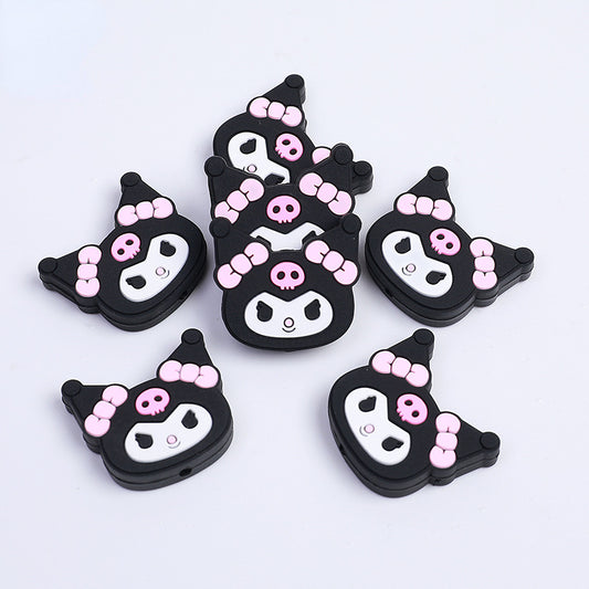 Silicone Focal Beads Kulomi Kitty Black Kitty Face with Pink Skull Bow 10pcs