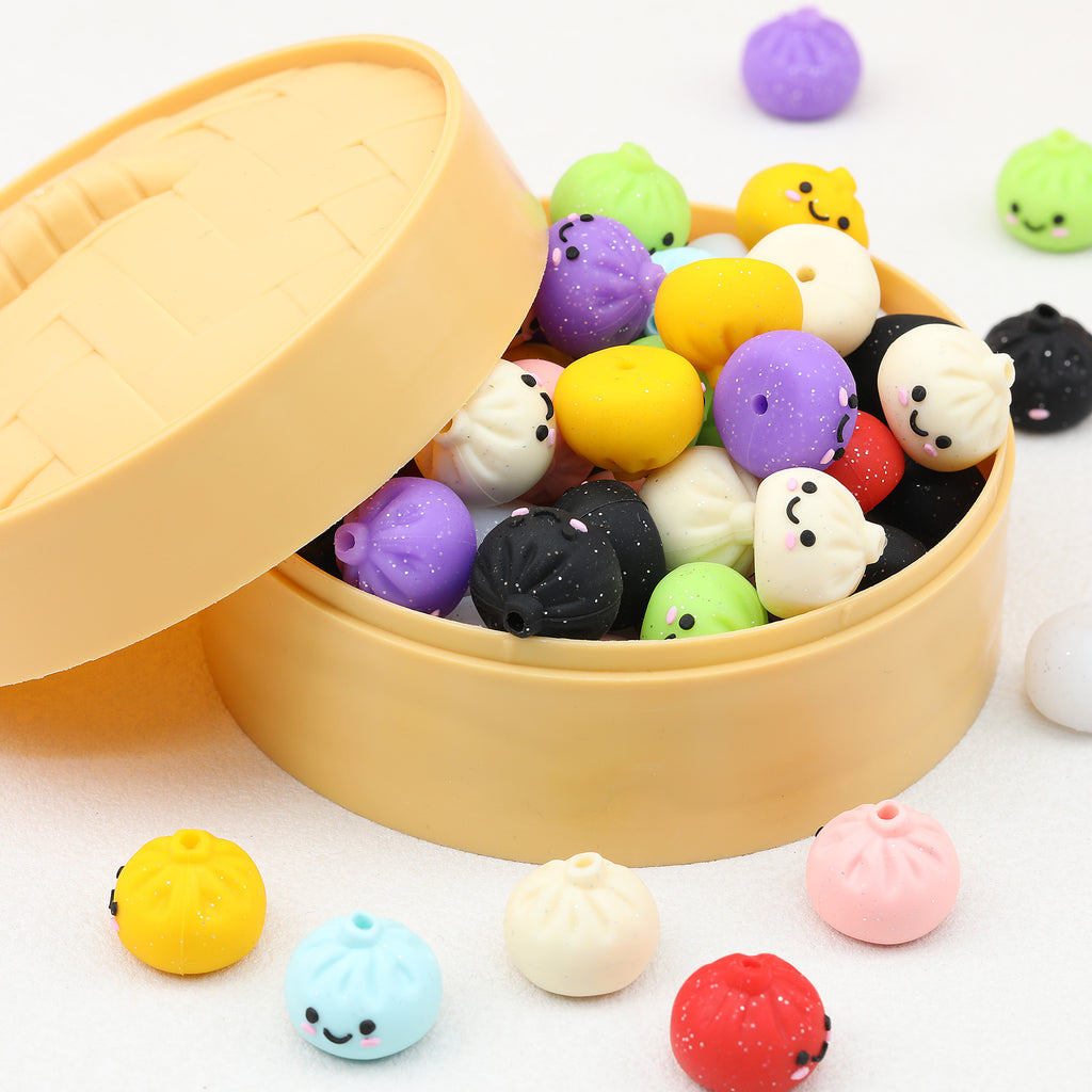3D Glitter Dumpling Silicone Focal Beads Wholesale, Smiling Face Speckled, 17x14mm