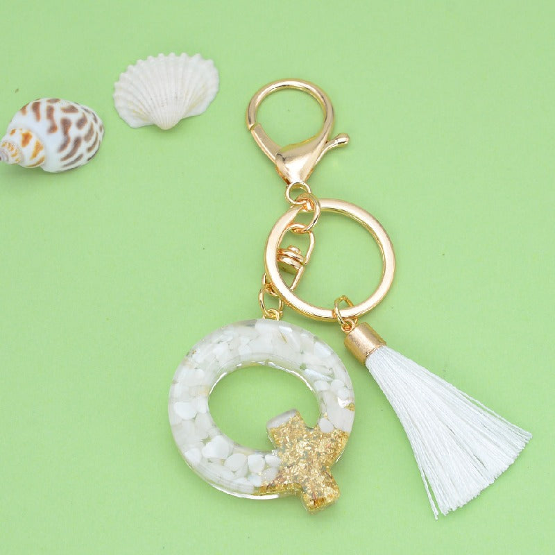 Tassel Letter A Keychain Resin Gold Flakes White Tassel 20