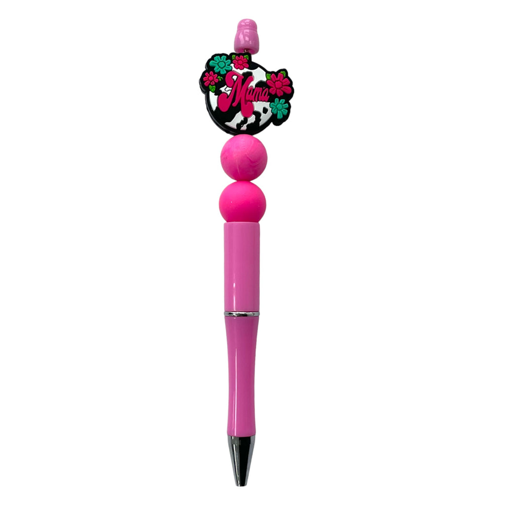 Silicone Focal Beads Mama Cow Print Hot Pink Script 20pcs 3