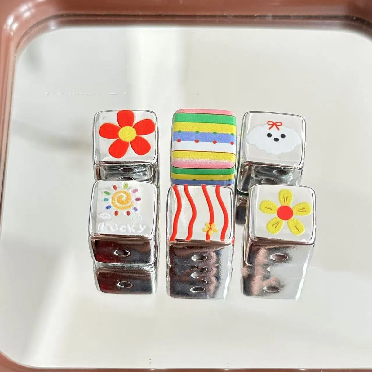 Square Acrylic Beads 14mm Silver Flower and Puppy Pattern 10pcs