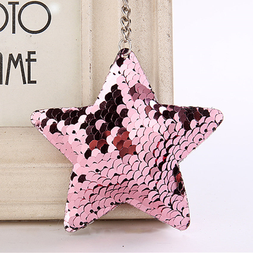 PU Star Sequins Keychain Soft Pink Reversible Sparkle 8cm