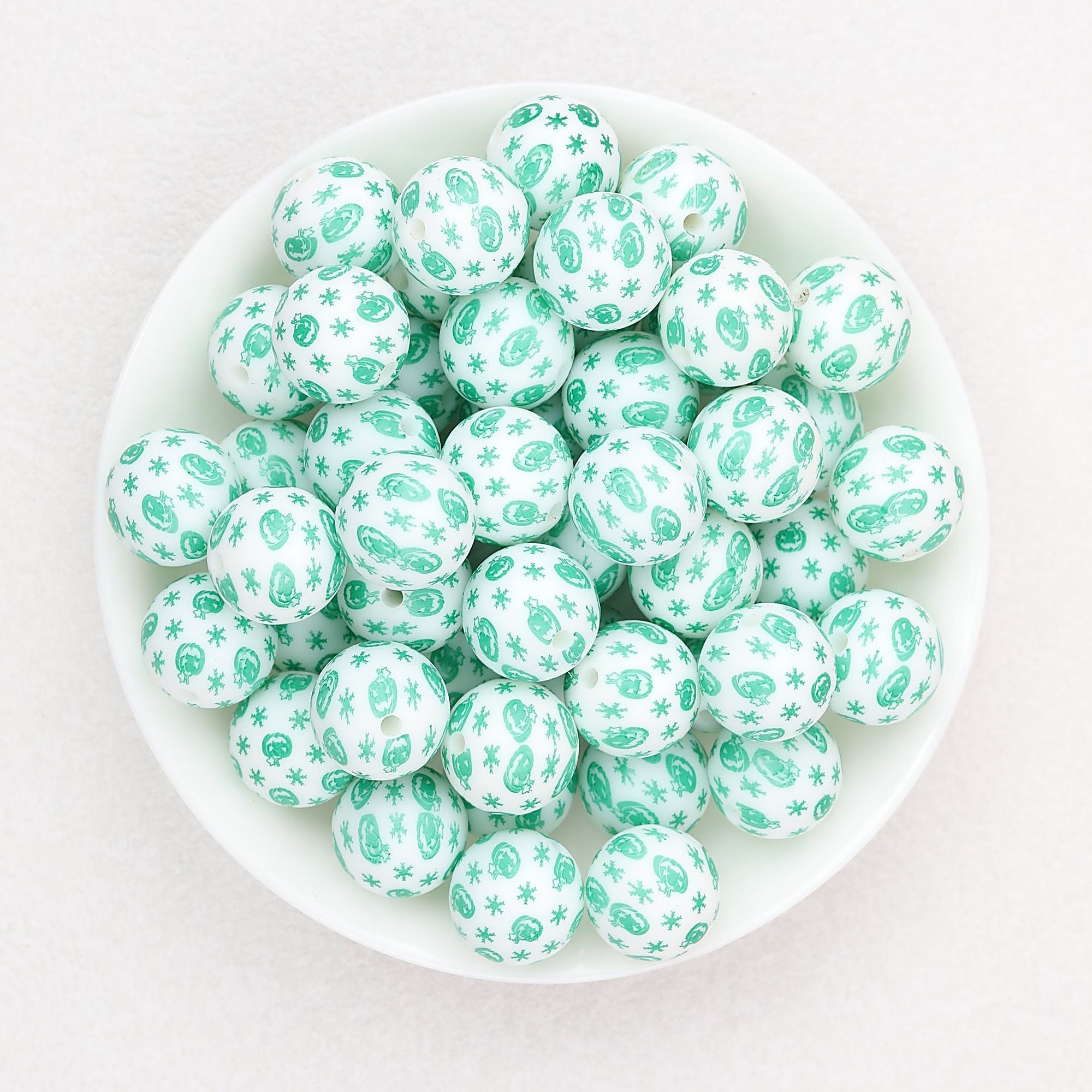 15mm Printed Leaf Pattern Silicone Round Beads 50pcs - Pumpkin Snow