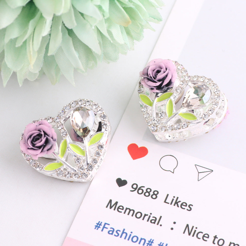 Fancy Heart Shaped Rose Rhinestone Alloy Beads 20mm 3pcs 7