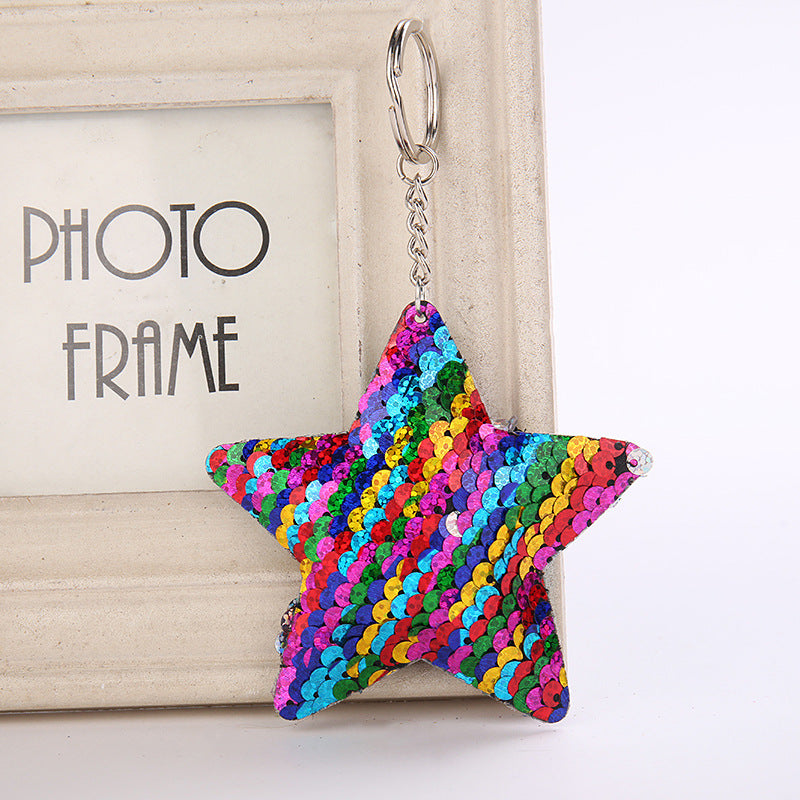 PU Star Sequins Keychain Soft Pink Reversible Sparkle 8cm 4