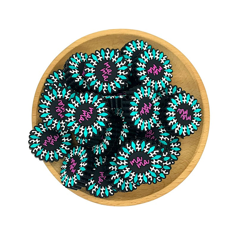 Silicone Focal Beads Mama Turquoise Daisy Pink Script 20pcs 2