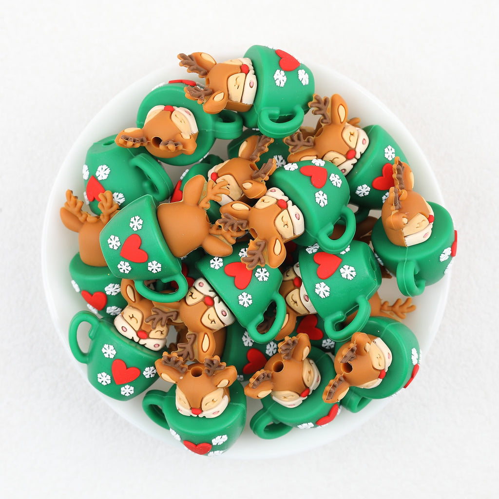 3D Reindeer Cup Silicone Focal Beads Wholesale, Green Christmas Snowflake Heart Pattern