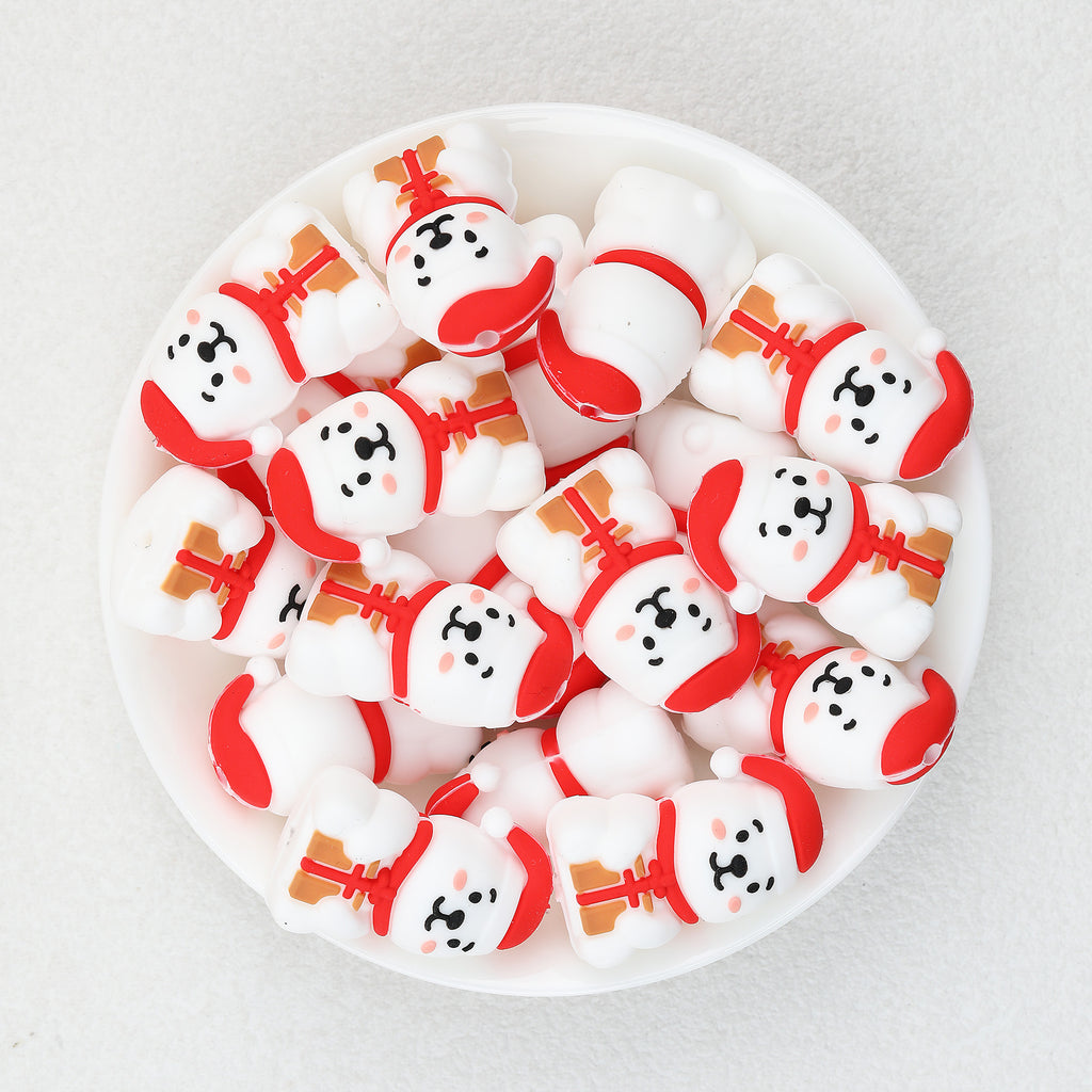3D Santa Bear silicone focal beads Wholesale, Red Scarf Gift Box Christmas Hat