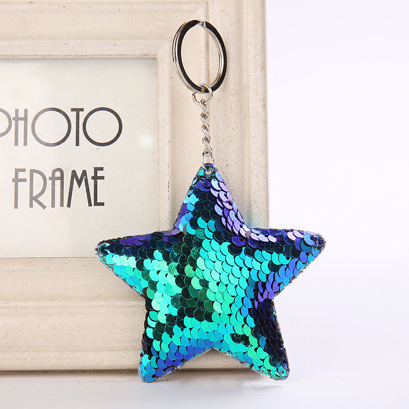 PU Star Sequins Keychain Soft Pink Reversible Sparkle 8cm 3