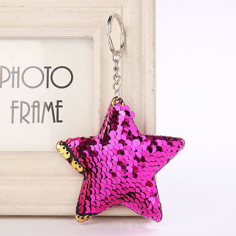 PU Star Sequins Keychain Soft Pink Reversible Sparkle 8cm 2
