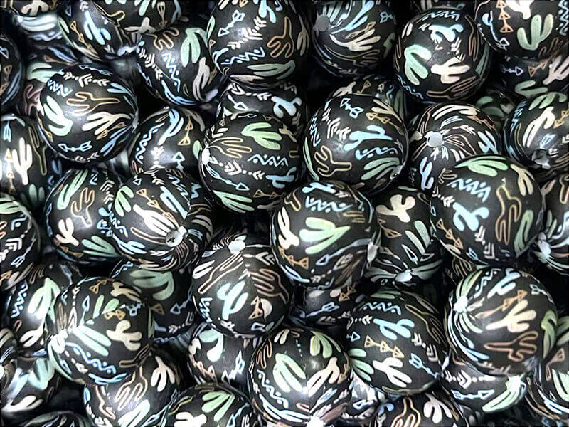 15mm Silicone Beads Black Background Green Cactus Print 50pcs